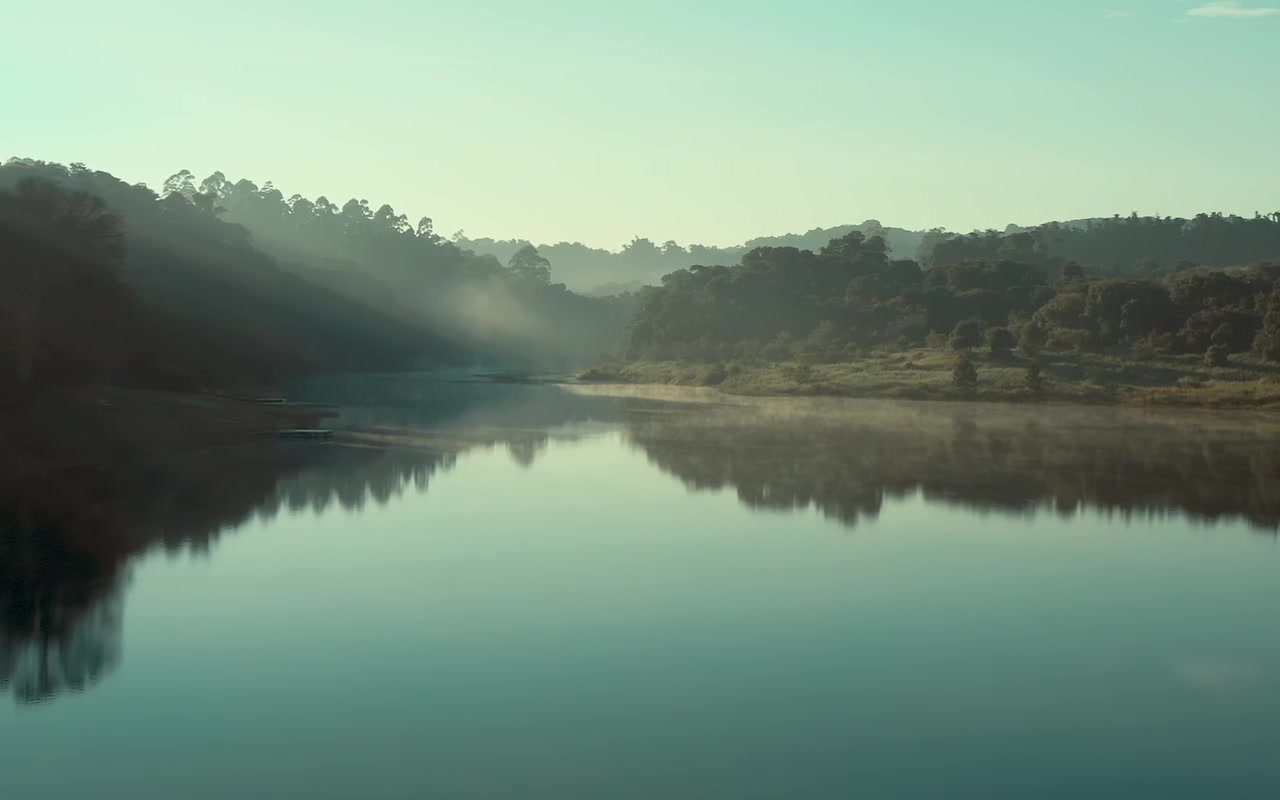 Imagem aérea de drone: lago com neblina pela manhã